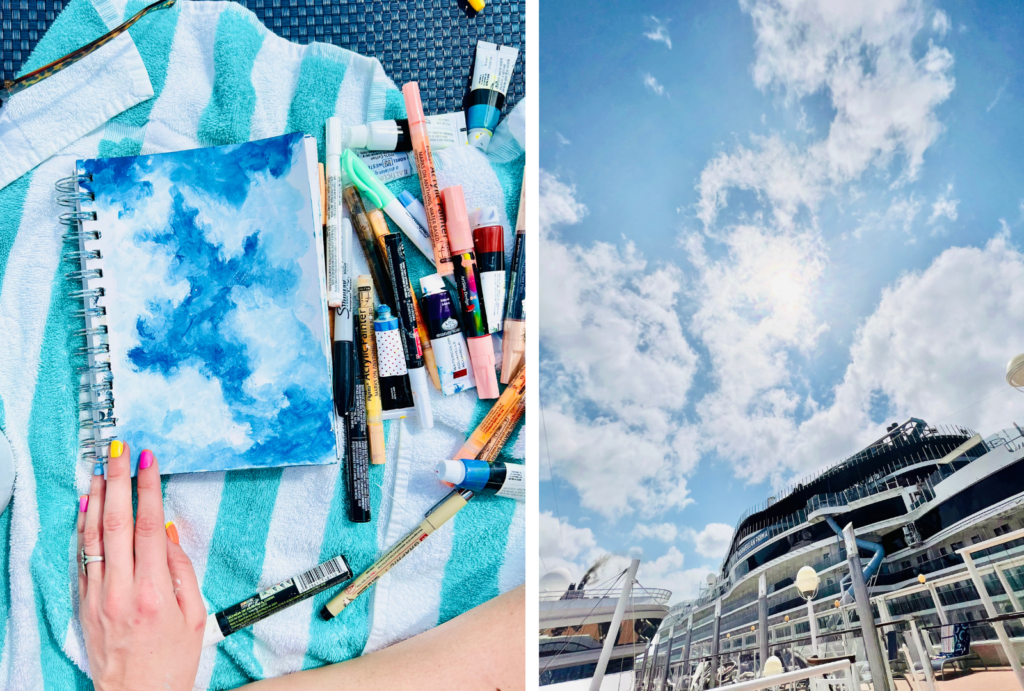 blue sky art created while lying on the norwegian dawn cruise pool deck and painting on vacation